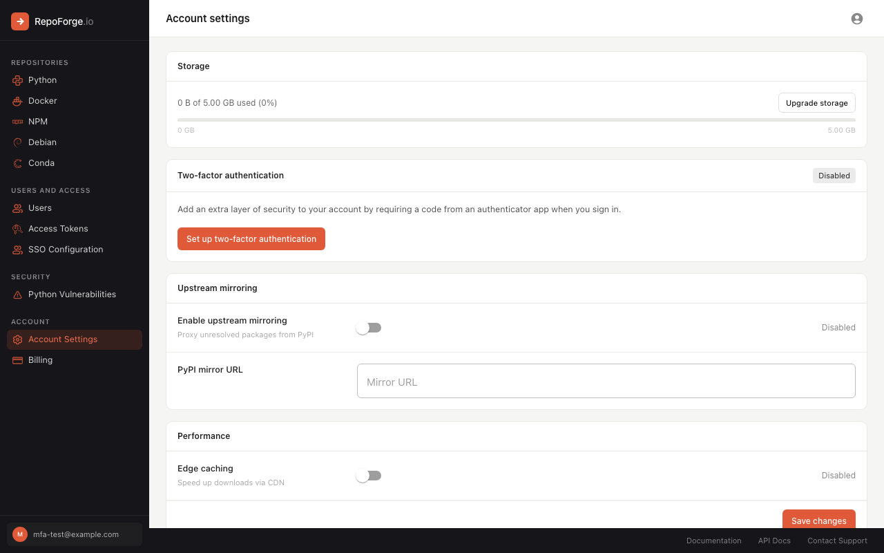 Account settings page showing the Two-factor authentication section with a "Set up" button