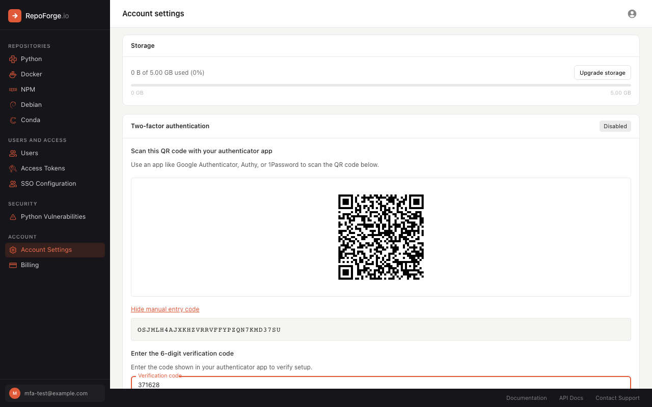 Verification code field with a 6-digit code entered