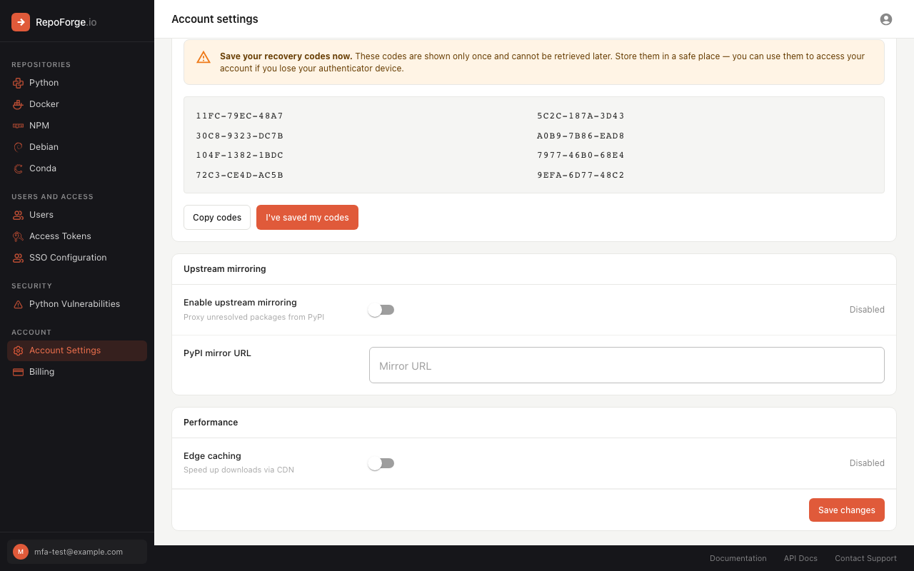 Recovery codes displayed after enabling 2FA