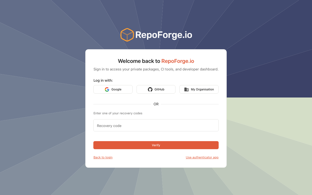 Login page showing the recovery code input