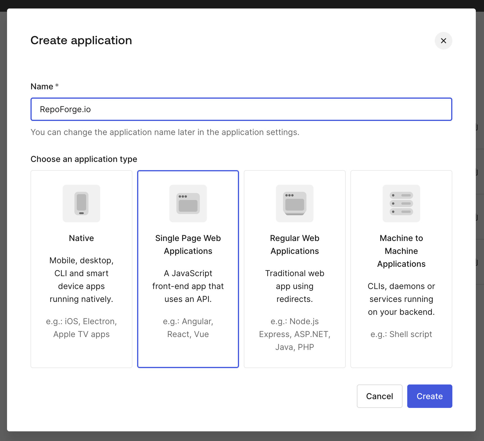 Auth0 create application