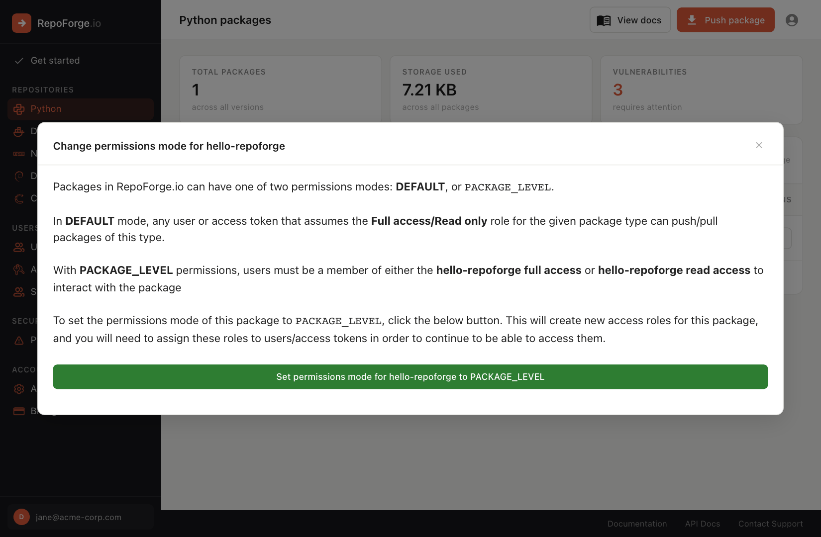Changing a package's permissions mode