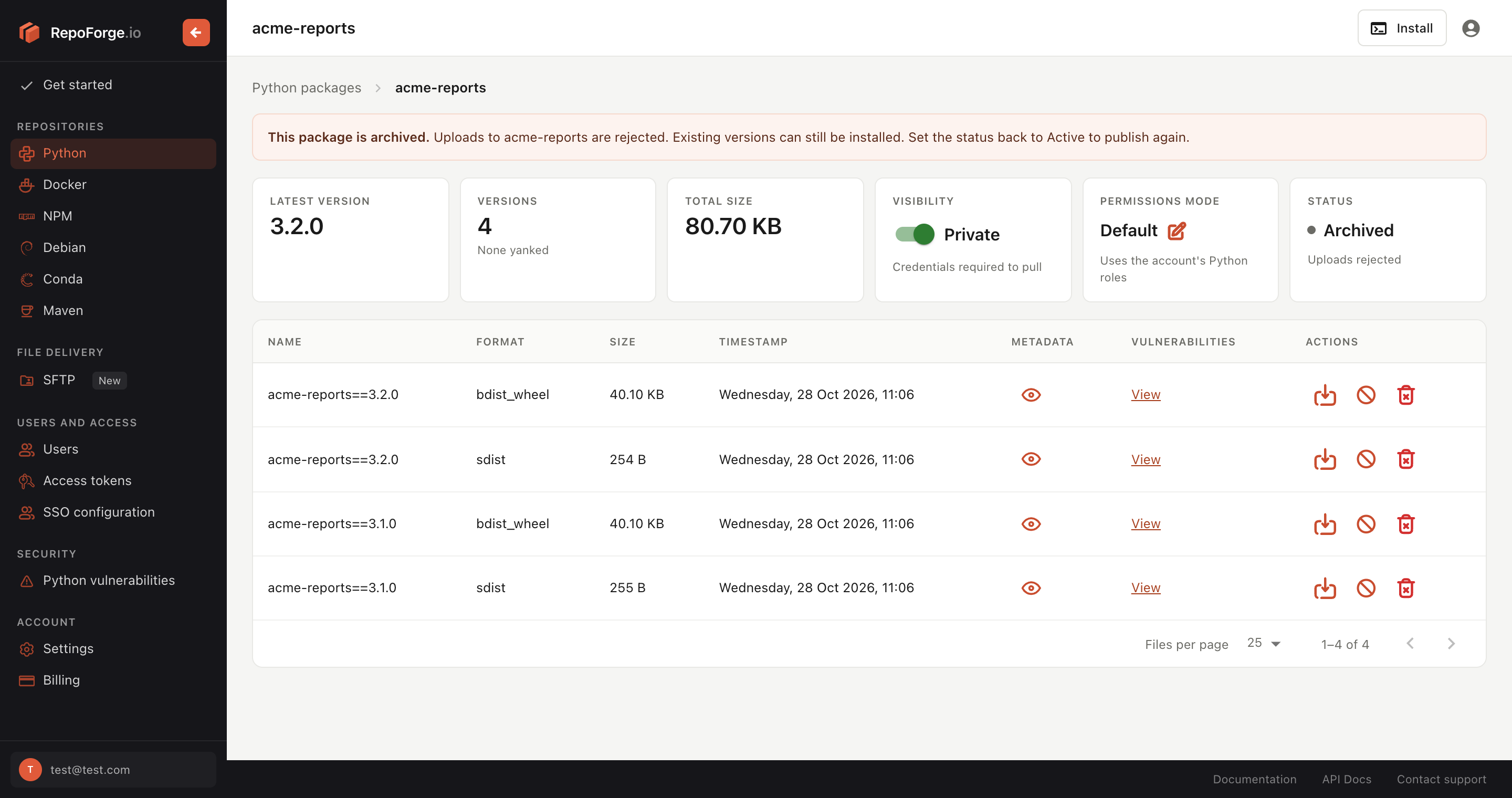 An archived package's page