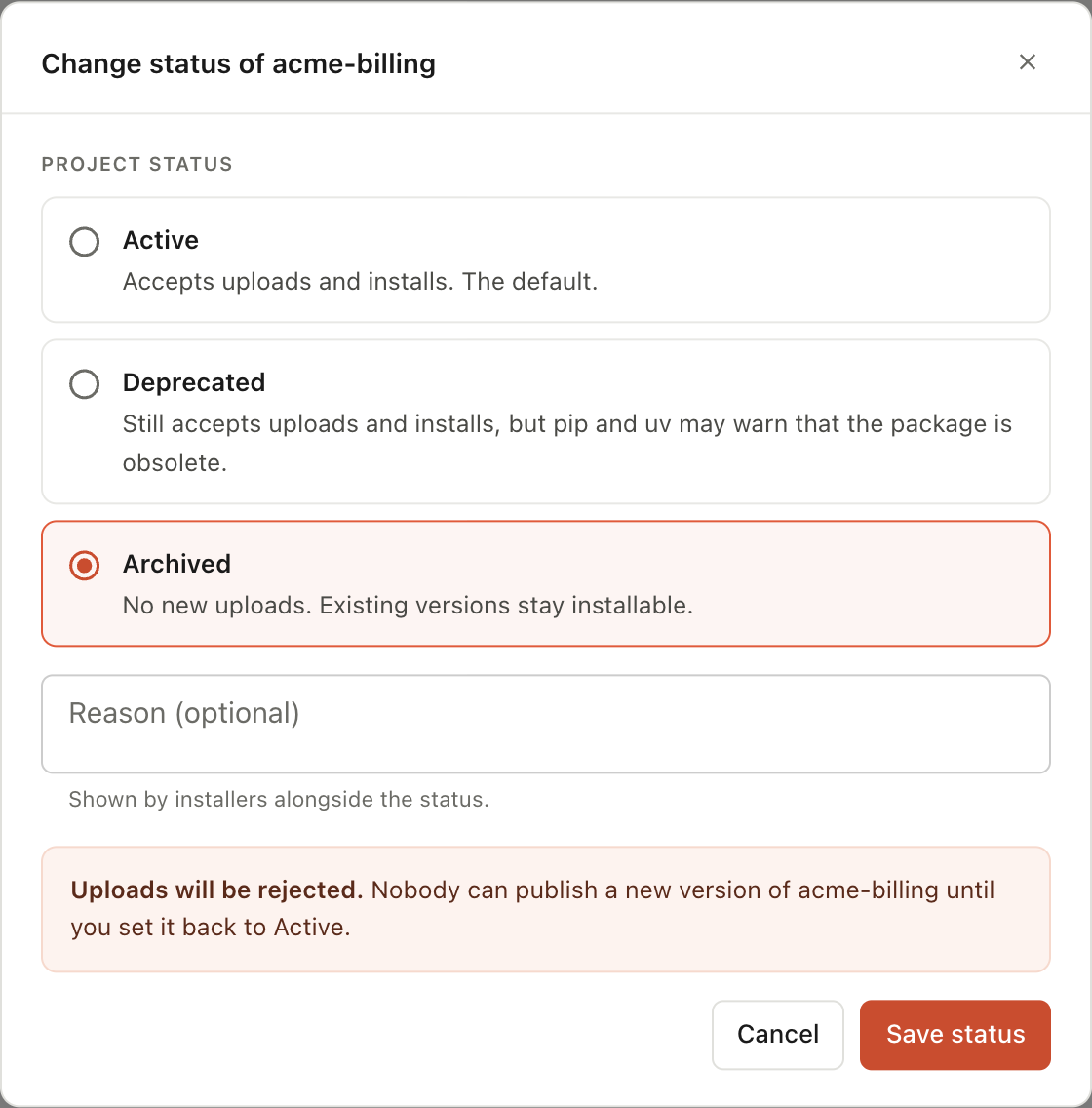 The status dialog with Archived selected