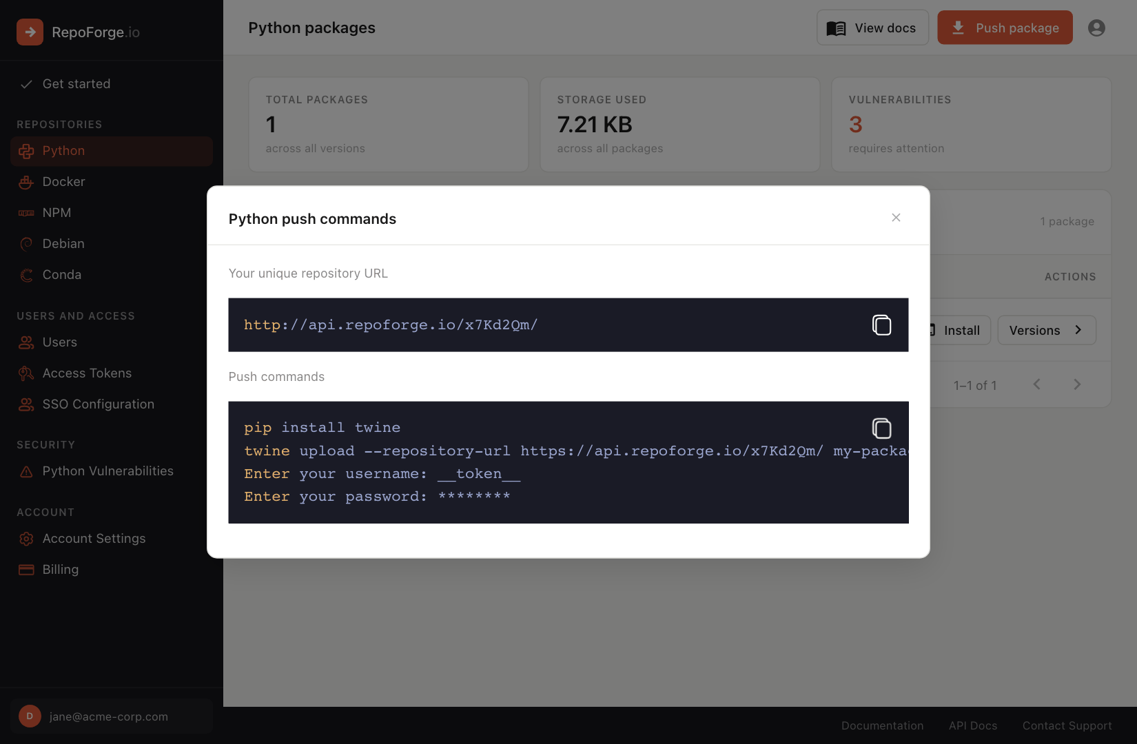 Python push commands in the dashboard