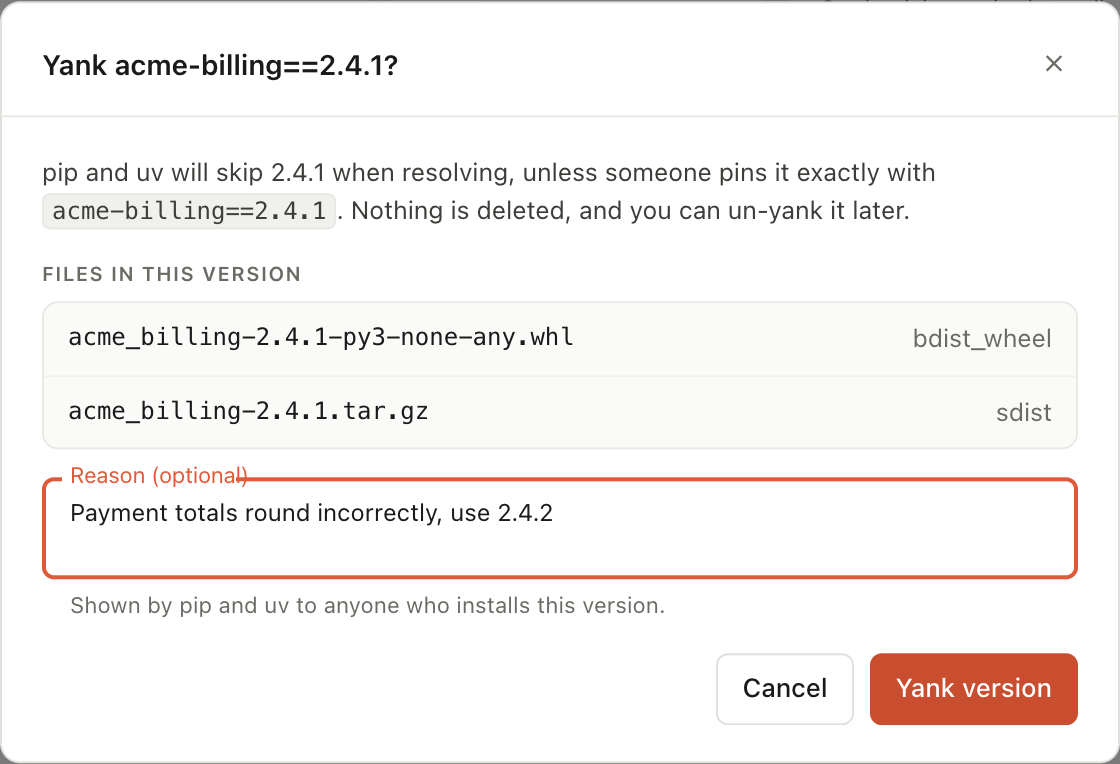 The yank dialog, listing the files of the version and an optional reason