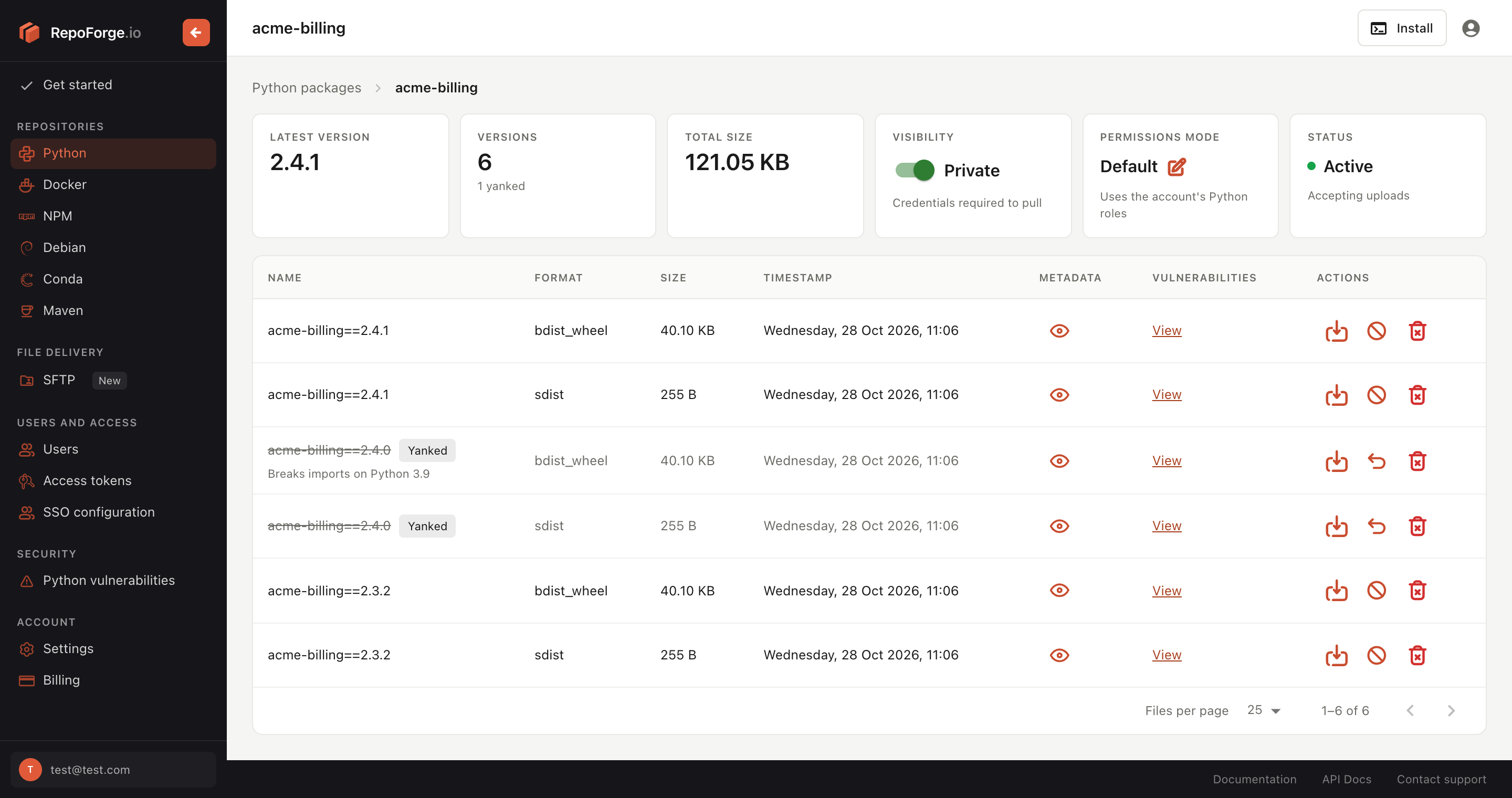 A package page with a yanked version