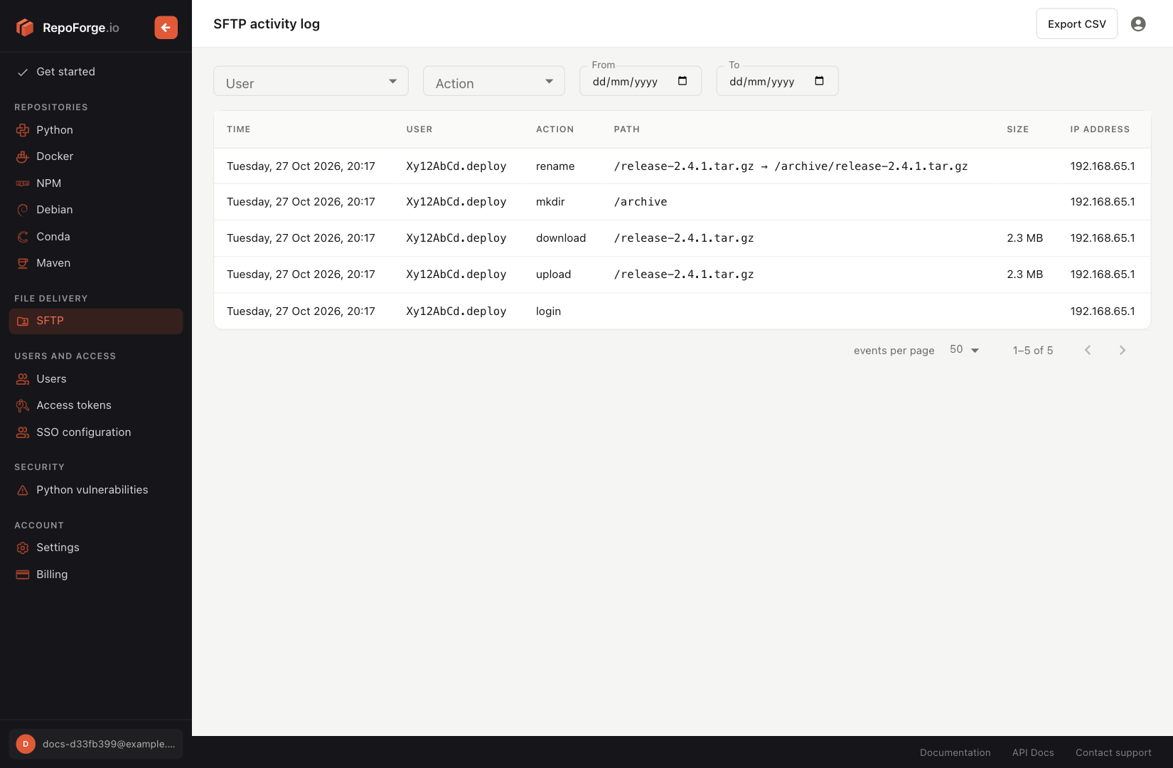 The SFTP activity log