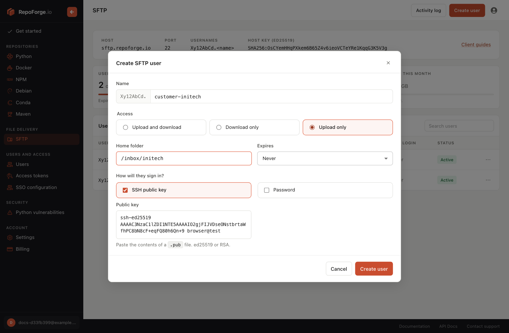 The Create SFTP user dialog