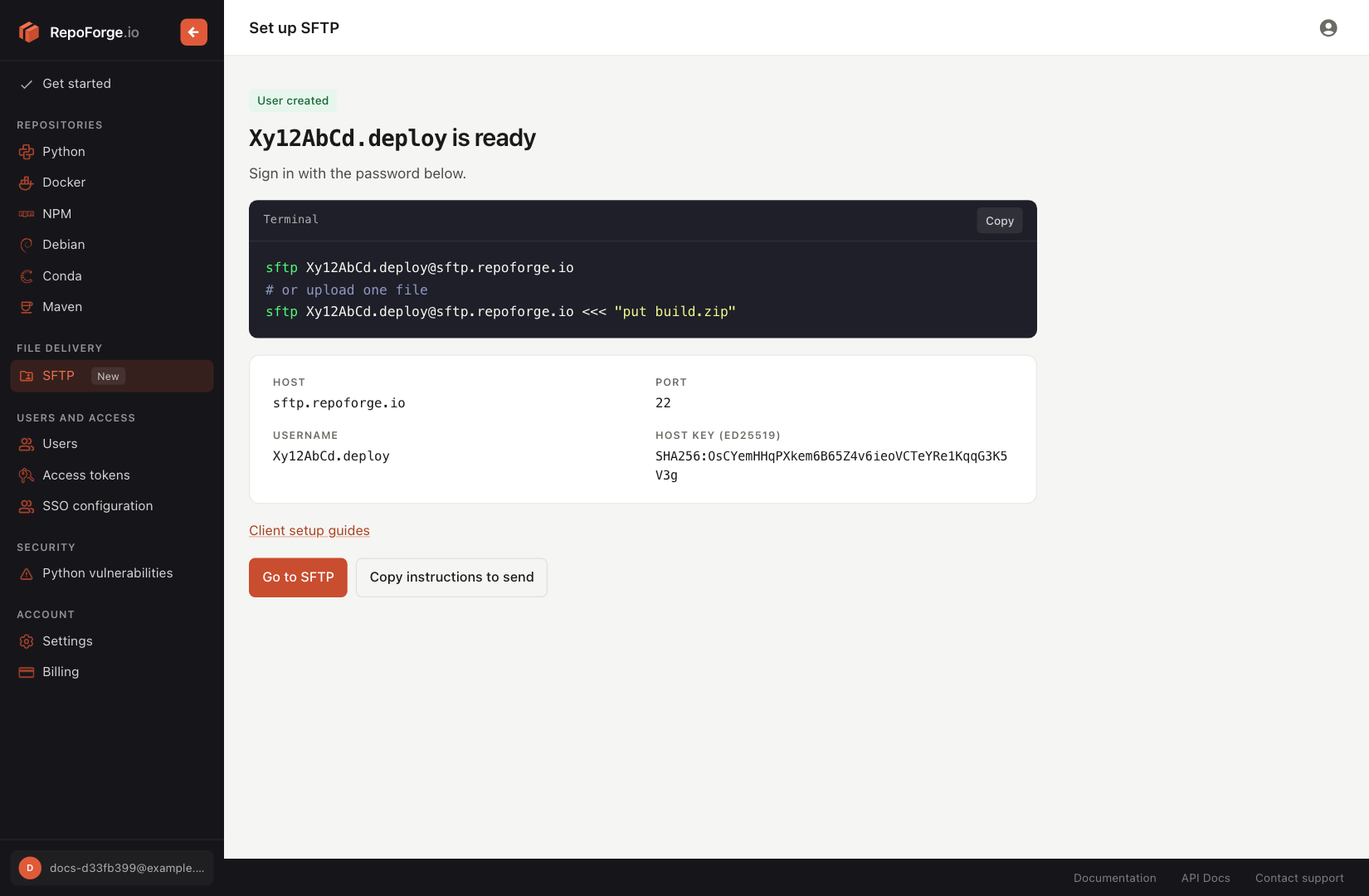The first SFTP user's login details