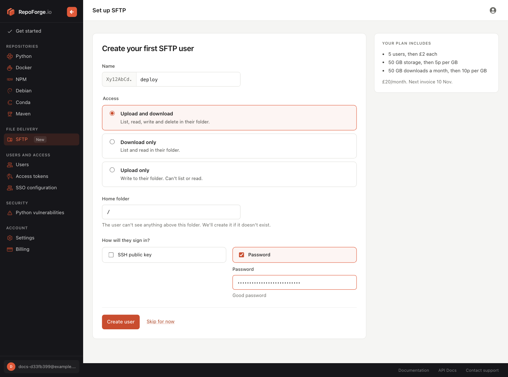 Creating the first SFTP user
