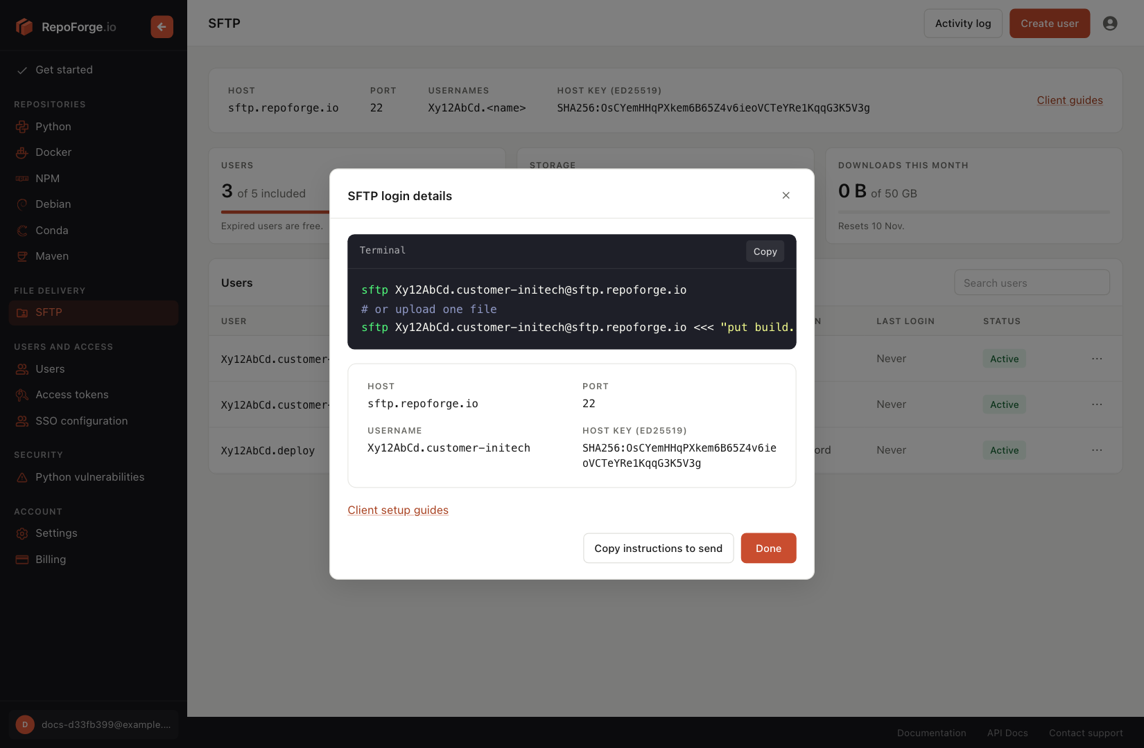 The SFTP login details shown after creating a user