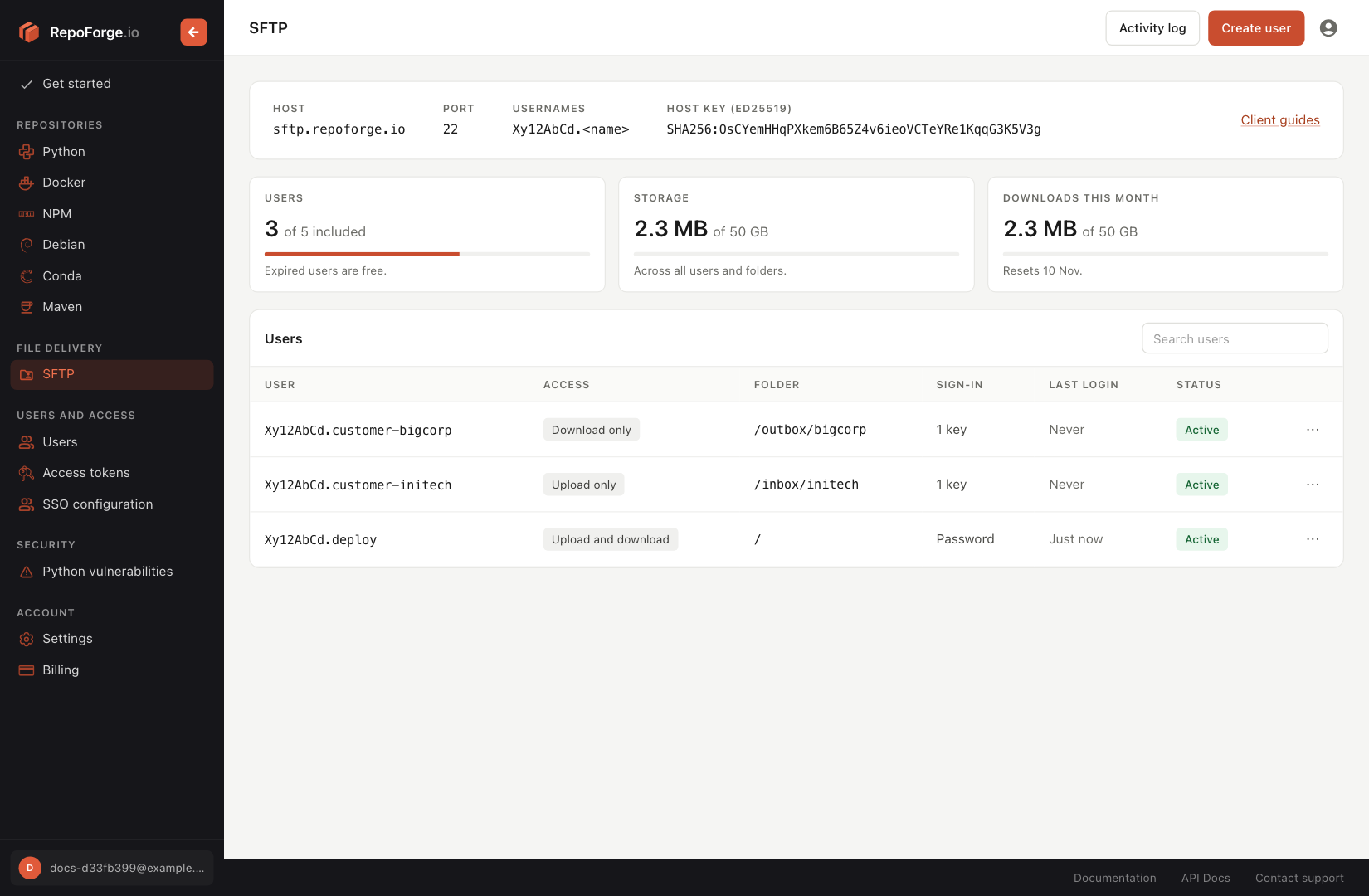 The SFTP page of the dashboard