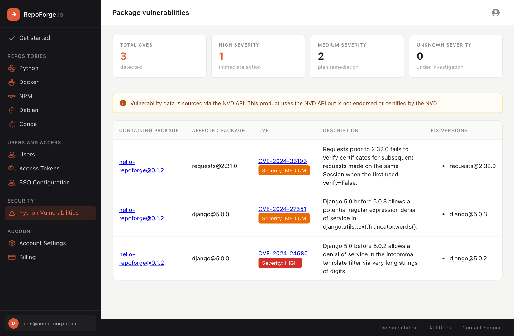 The Python Vulnerabilities page